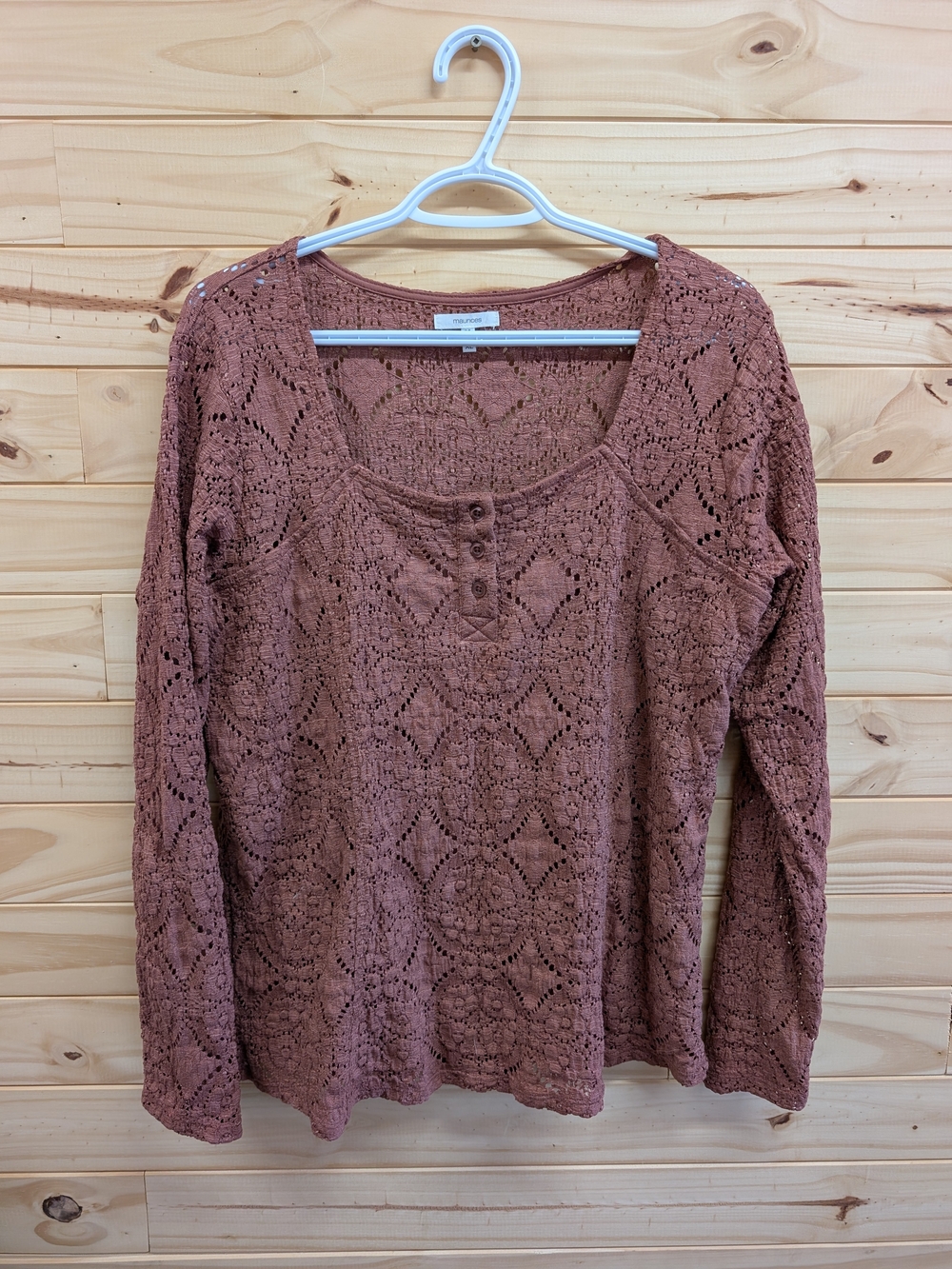 Maurices Crochet Henley Long Sleeve Top - Rust Brown